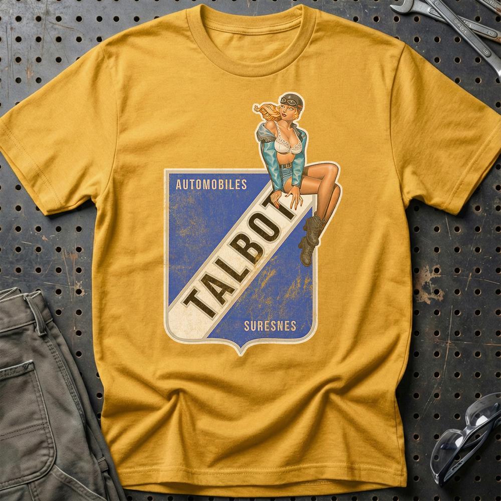 Talbot Pinup - Unisex T-Shirt , Bomuld-Beklædning-Talbot-Guld-S-Garage Culture Shop- garage - man cave - merchandise