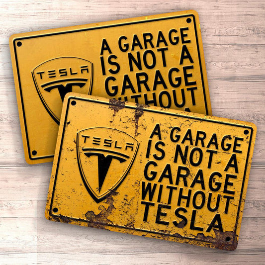 Tesla A Garage Is Not A Garage Without Tesla Skilte, Musemåtte, Dørmåtte , Plakat-Skilte-Tesla-Garage Culture Shop- garage - man cave - merchandise
