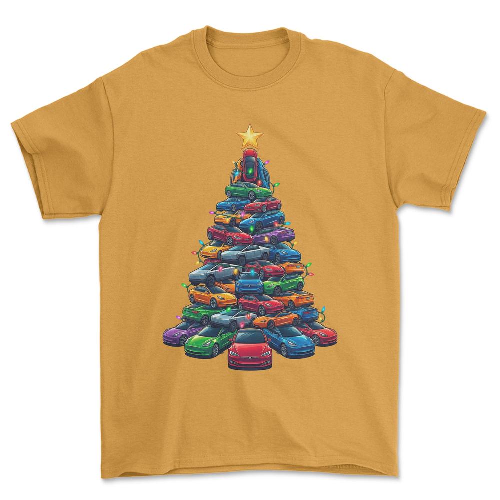 Tesla Juletræ Christmas Tree - Unisex T-Shirt-Beklædning-Tesla-Guld-S-Forside-Garage Culture Shop- garage - man cave - merchandise