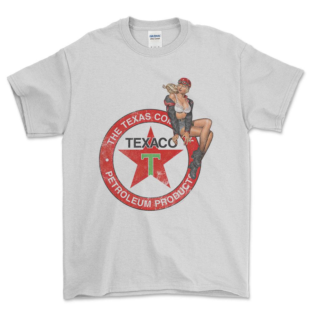 Texaco Pinup - Unisex T-Shirt , Bomuld-Beklædning-Motoroil-Hvid-S-Forside-Garage Culture Shop- garage - man cave - merchandise