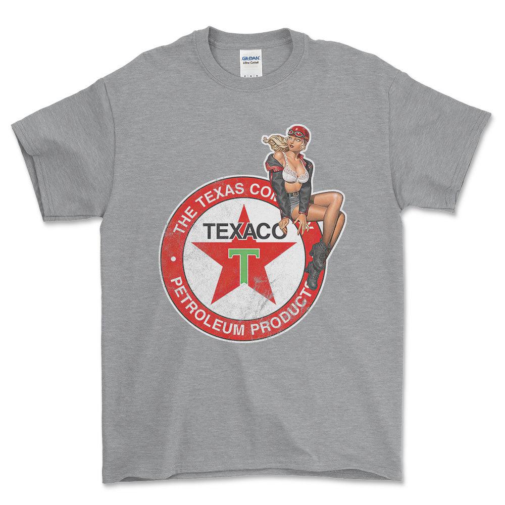 Texaco Pinup - Unisex T-Shirt , Bomuld-Beklædning-Motoroil-Grå Sport-S-Forside-Garage Culture Shop- garage - man cave - merchandise