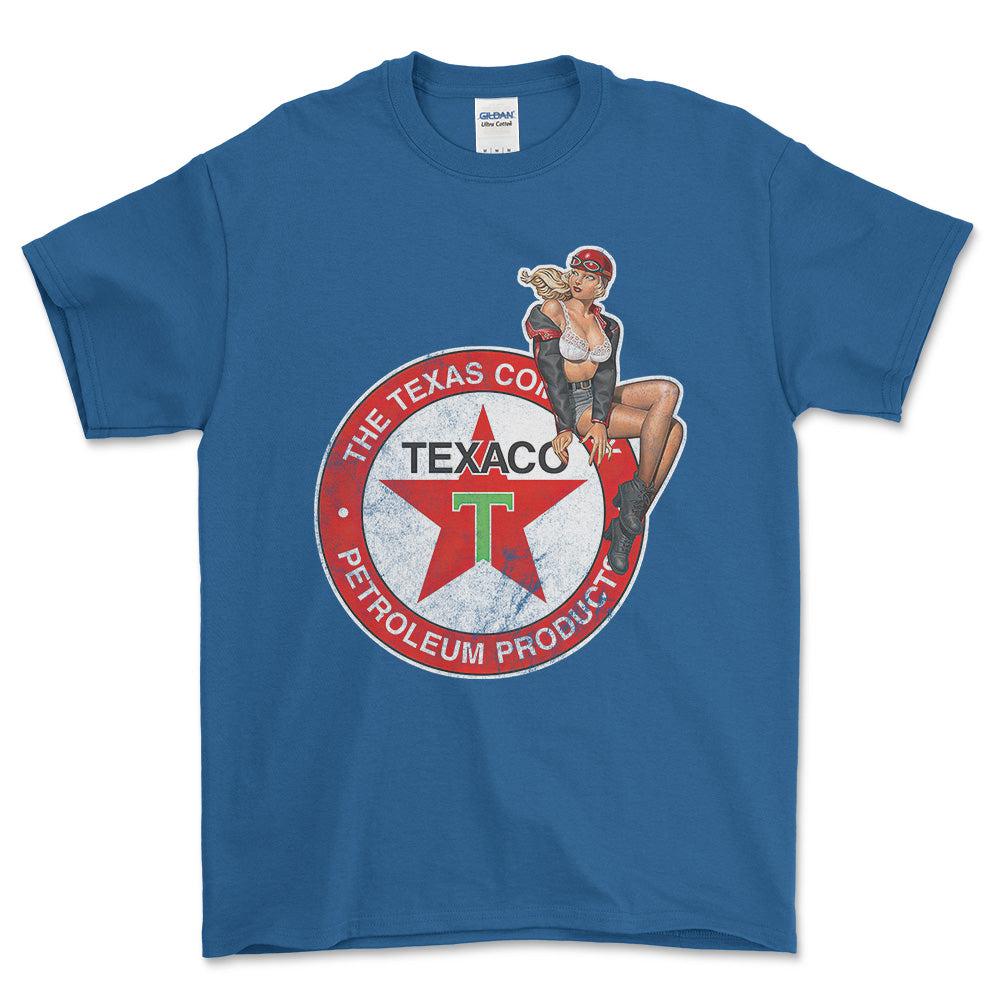 Texaco Pinup - Unisex T-Shirt , Bomuld-Beklædning-Motoroil-Blå Royal-S-Forside-Garage Culture Shop- garage - man cave - merchandise