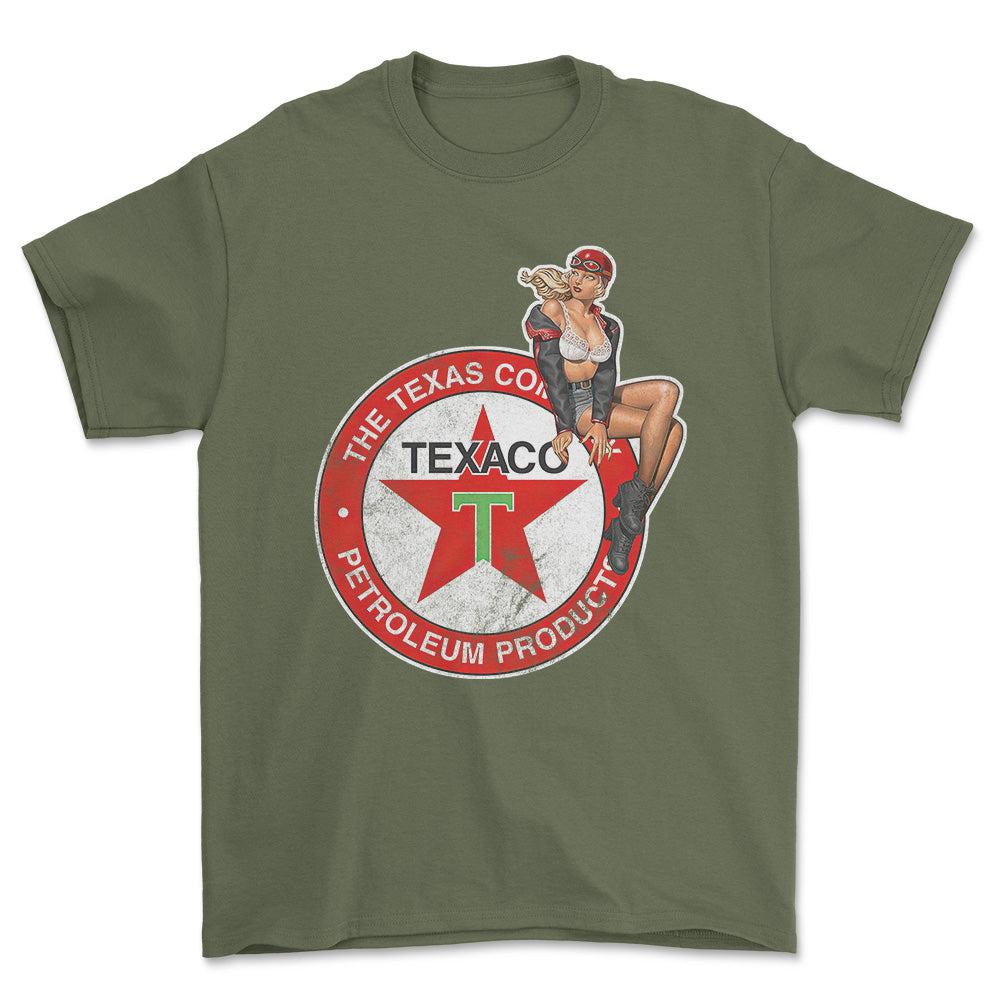 Texaco Pinup - Unisex T-Shirt , Bomuld-Beklædning-Motoroil-Grøn Militær-S-Forside-Garage Culture Shop- garage - man cave - merchandise