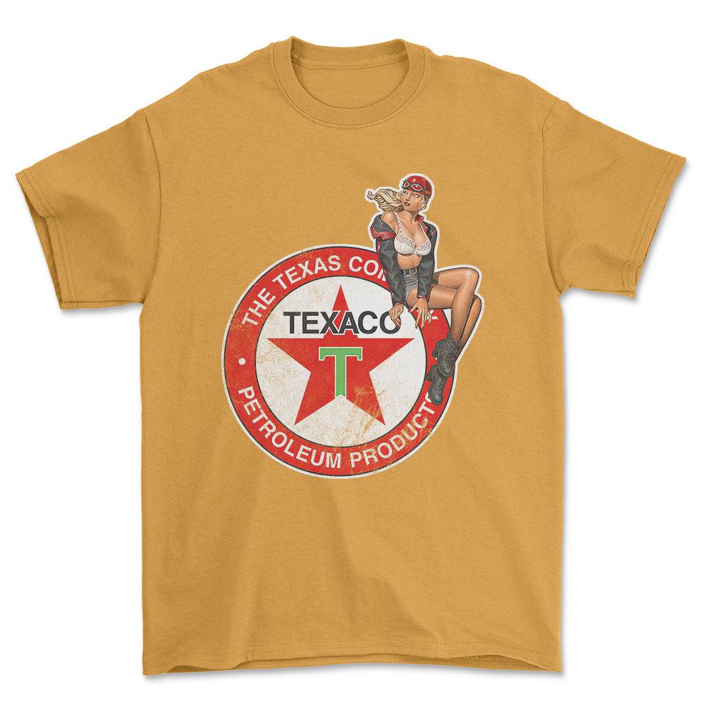 Texaco Pinup - Unisex T-Shirt , Bomuld-Beklædning-Motoroil-Guld-S-Forside-Garage Culture Shop- garage - man cave - merchandise
