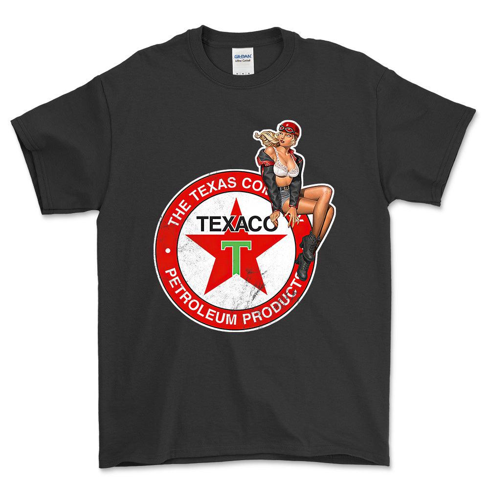 Texaco Pinup - Unisex T-Shirt , Bomuld-Beklædning-Motoroil-Sort-S-Forside-Garage Culture Shop- garage - man cave - merchandise