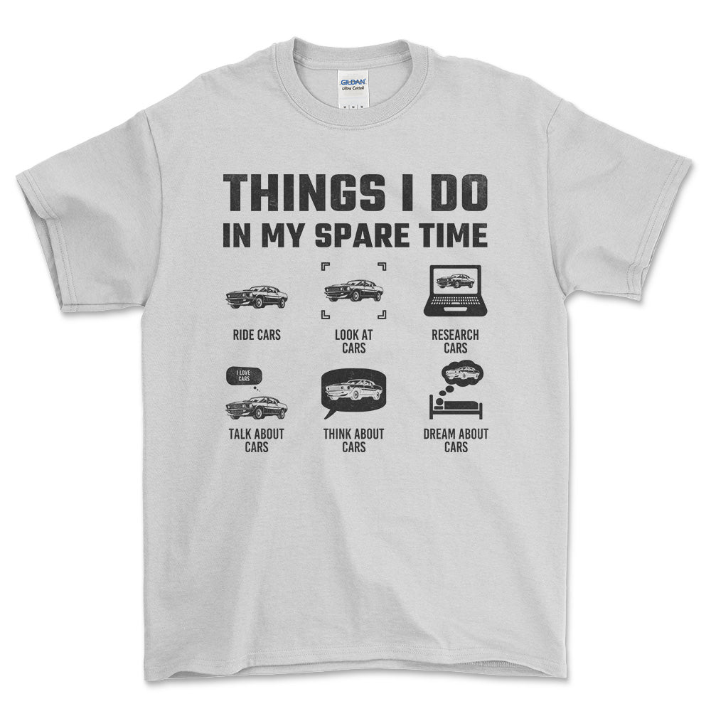 Thinks I Do In Spare Time Cars T-Shirt , Bomuld-Beklædning-Garage Culture-Hvid-S-Forside-Garage Culture Shop- garage - man cave - merchandise