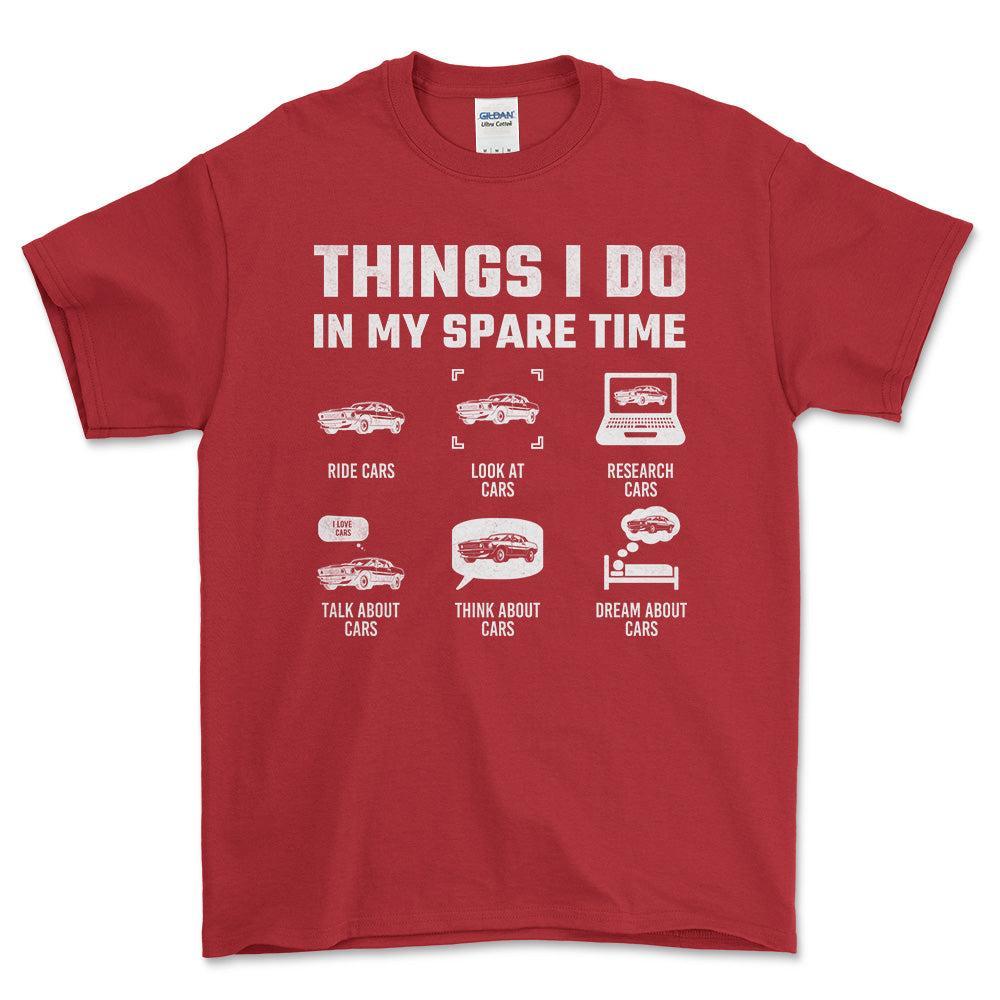 Thinks I Do In Spare Time Cars T-Shirt , Bomuld-Beklædning-Garage Culture-Rød-S-Forside-Garage Culture Shop- garage - man cave - merchandise
