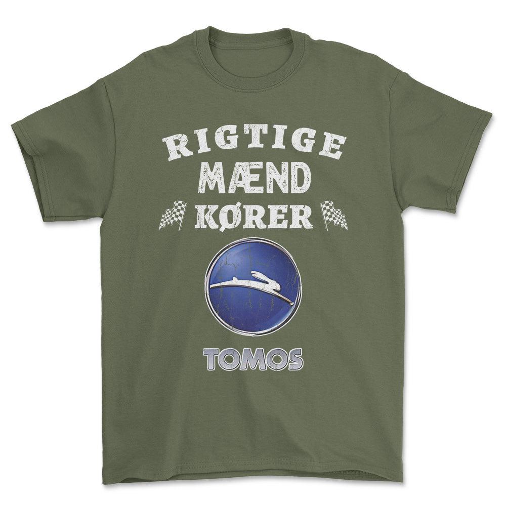 Tomos Rigtige Mænd Kører - Unisex T-Shirt , Bomuld-Beklædning-Tomos-Grøn Militær-S-Forside-Garage Culture Shop- garage - man cave - merchandise