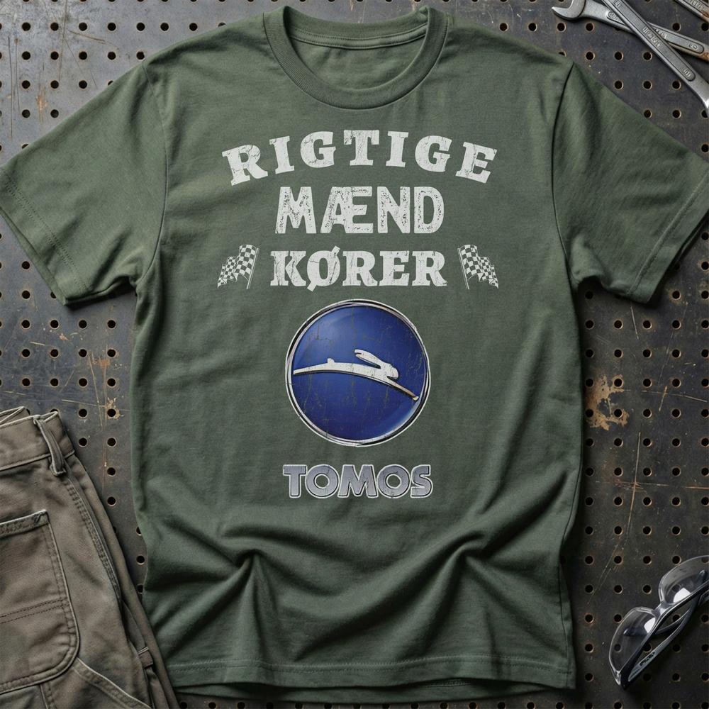 Tomos Rigtige Mænd Kører - Unisex T-Shirt , Bomuld-Beklædning-Tomos-Grøn Militær-S-Garage Culture Shop- garage - man cave - merchandise