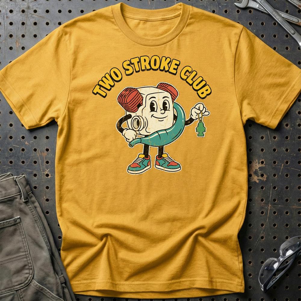 Two Stroke Club – Oldschool Mascot Engine - Unisex T-Shirt , Bomuld-Beklædning-Garage Culture-Guld-S-Garage Culture Shop- garage - man cave - merchandise