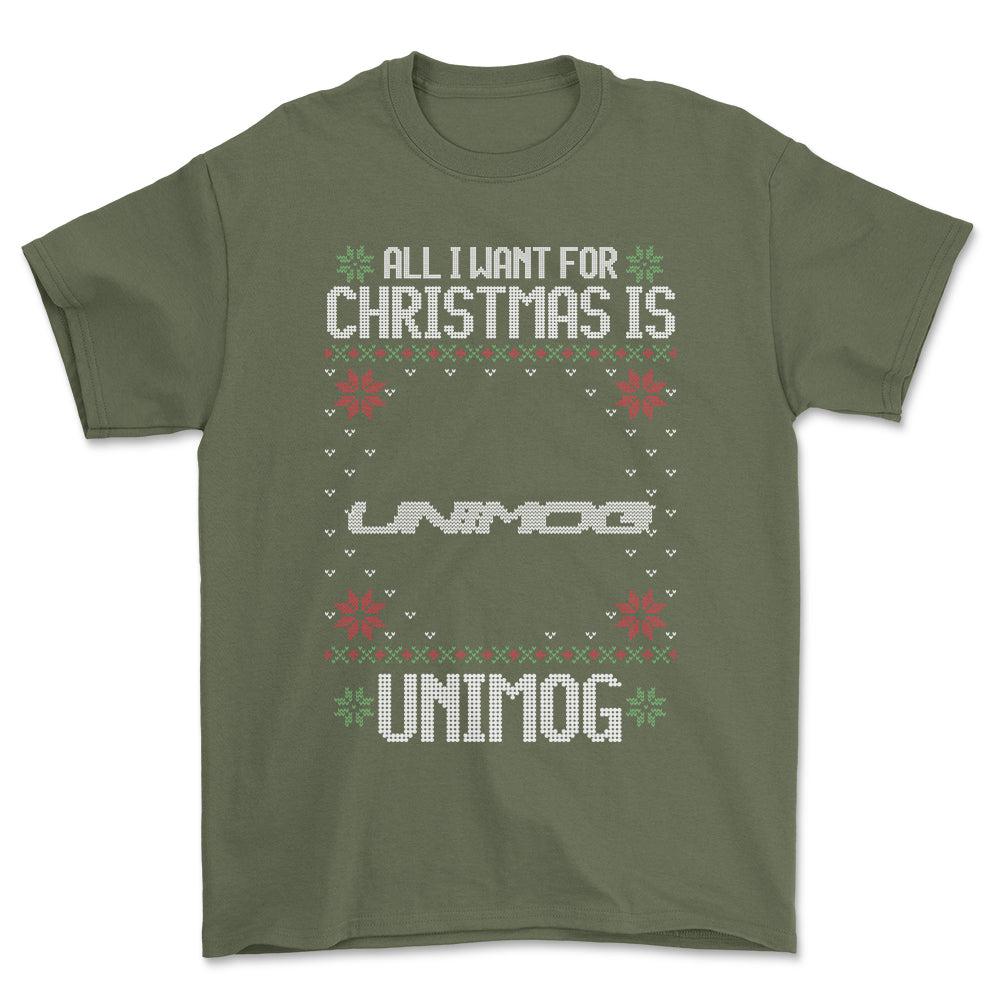 Unimog - All I Want For Christmas - Unisex T-Shirt , Bomuld-Beklædning-Unimog-Grøn Militær-S-Forside-Garage Culture Shop- garage - man cave - merchandise