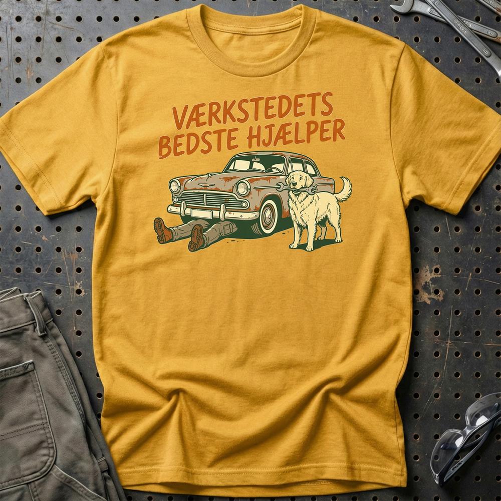 Værkstedets Bedste Hjælper - Unisex T-Shirt , Bomuld-Beklædning-Garage Culture-Guld-S-Garage Culture Shop- garage - man cave - merchandise