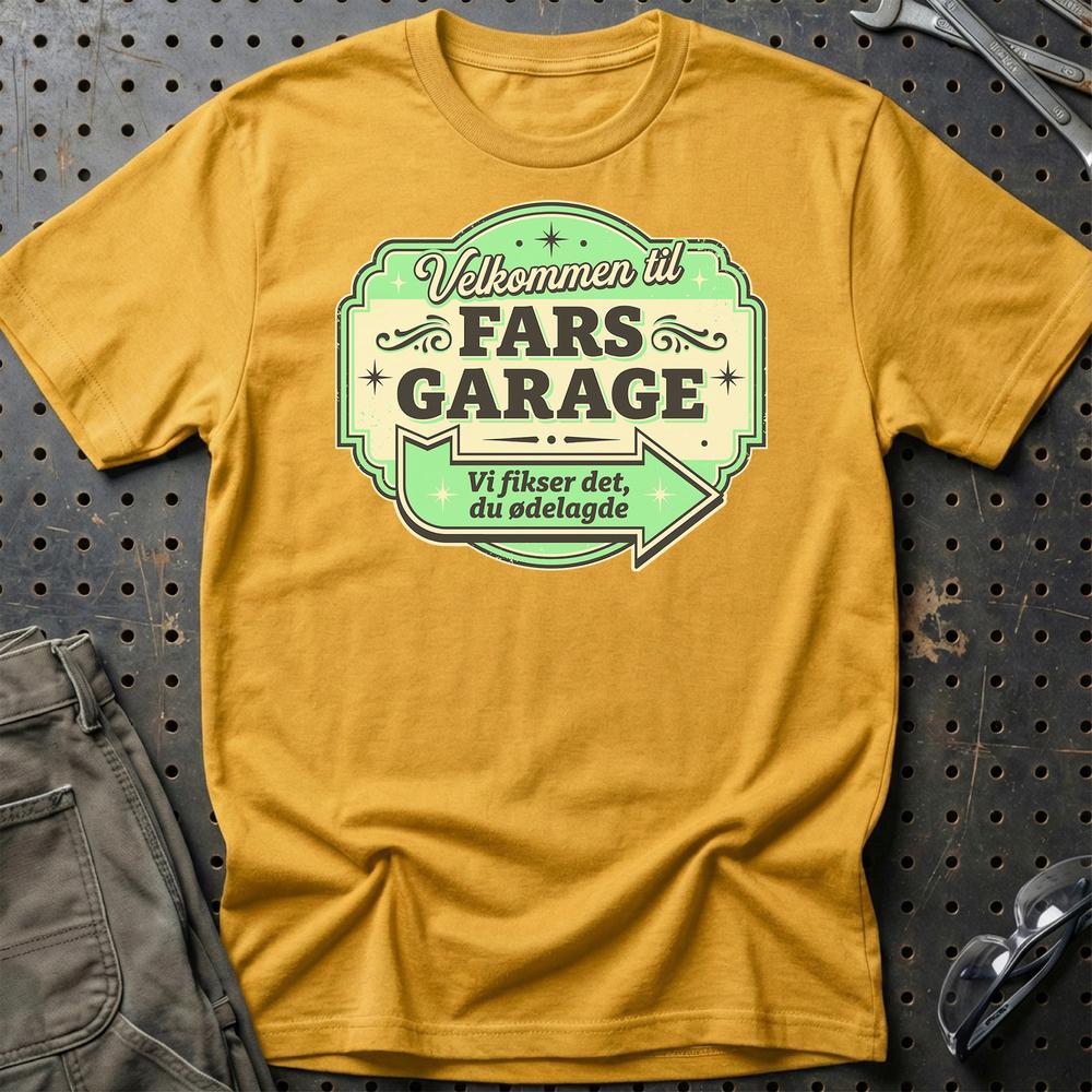 Velkommen Til Fars Garage Vi Fikser Det, Du Ødelagde - Unisex T-Shirt , Bomuld-Beklædning-Garage Culture-Guld-S-Garage Culture Shop- garage - man cave - merchandise
