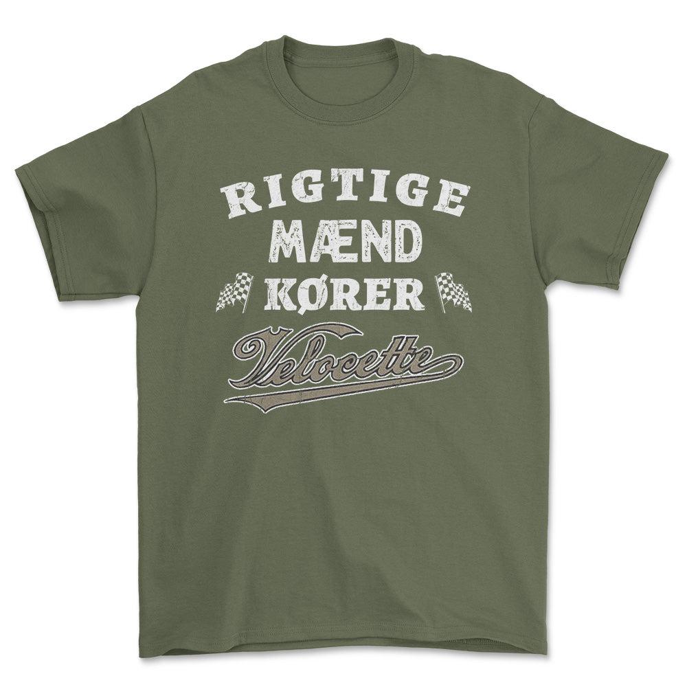 Veloccete Rigtige Mænd Kører - Unisex T-Shirt , Bomuld-Beklædning-Velocette-Grøn Militær-S-Forside-Garage Culture Shop- garage - man cave - merchandise