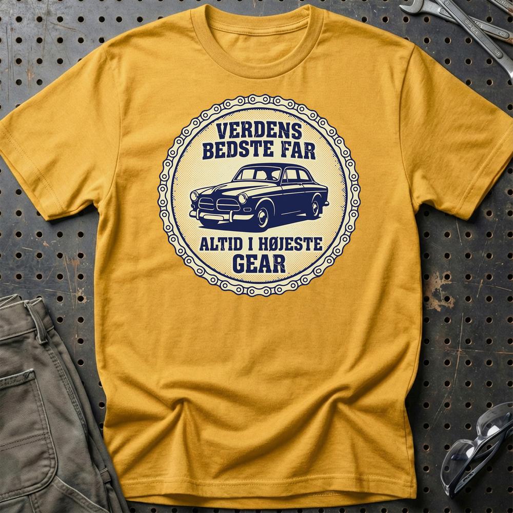 Verdens Bedste Far Altid I Højeste Gear - Unisex T-Shirt , Bomuld-Beklædning-Garage Culture-Guld-S-Garage Culture Shop- garage - man cave - merchandise