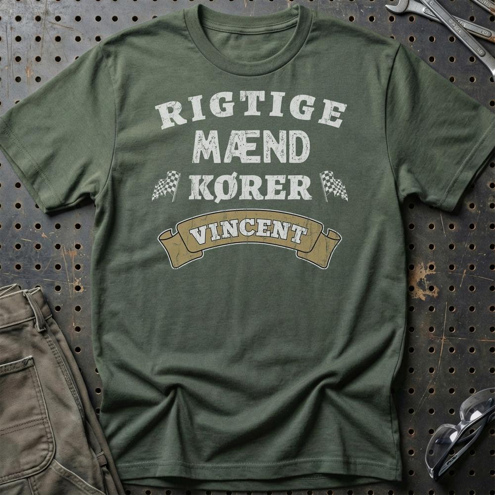 Vincent Rigtige Mænd Kører - Unisex T-Shirt , Bomuld-Beklædning-Vincent-Grøn Militær-S-Garage Culture Shop- garage - man cave - merchandise