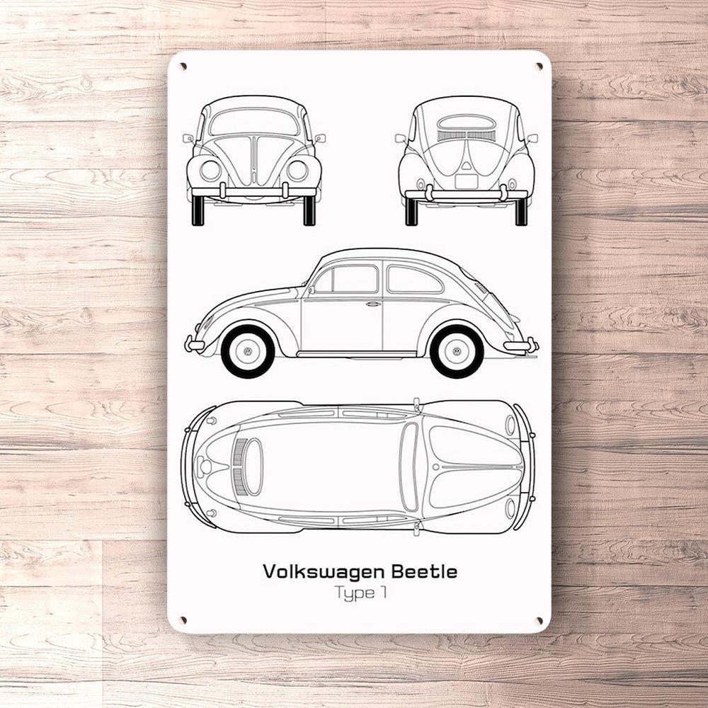 Volkswagen VW Beetle Type 1 Blueprint Skilte, Musemåtte, Dørmåtte , Plakat-Blueprint-VW-Garage Culture Shop- garage - man cave - merchandise