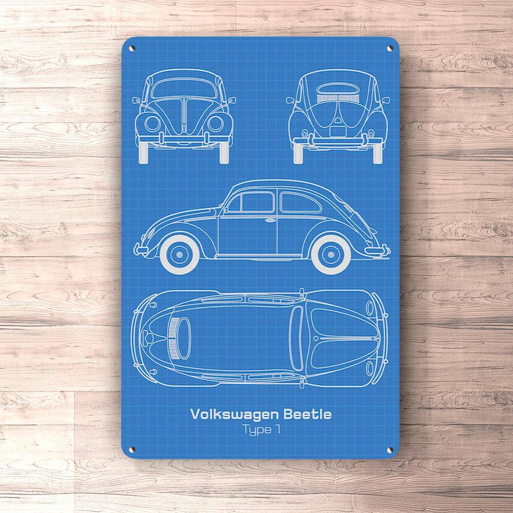 Volkswagen VW Beetle Type 1 Blueprint Skilte, Musemåtte, Dørmåtte , Plakat-Blueprint-VW-Garage Culture Shop- garage - man cave - merchandise