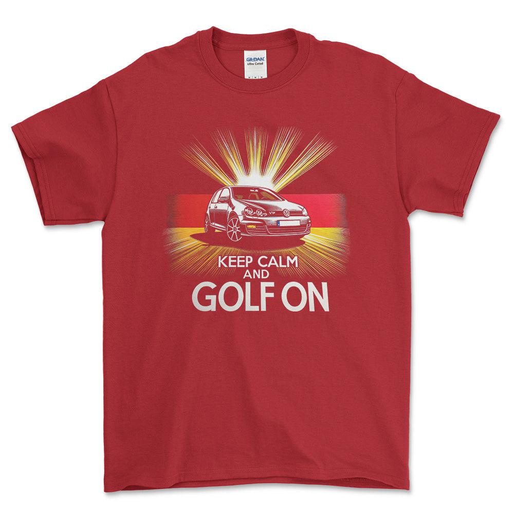 Volkswagen VW Golf - Keep Calm And Golf On - Unisex T-Shirt , Bomuld-Beklædning-VW-Rød-S-Forside-Garage Culture Shop- garage - man cave - merchandise