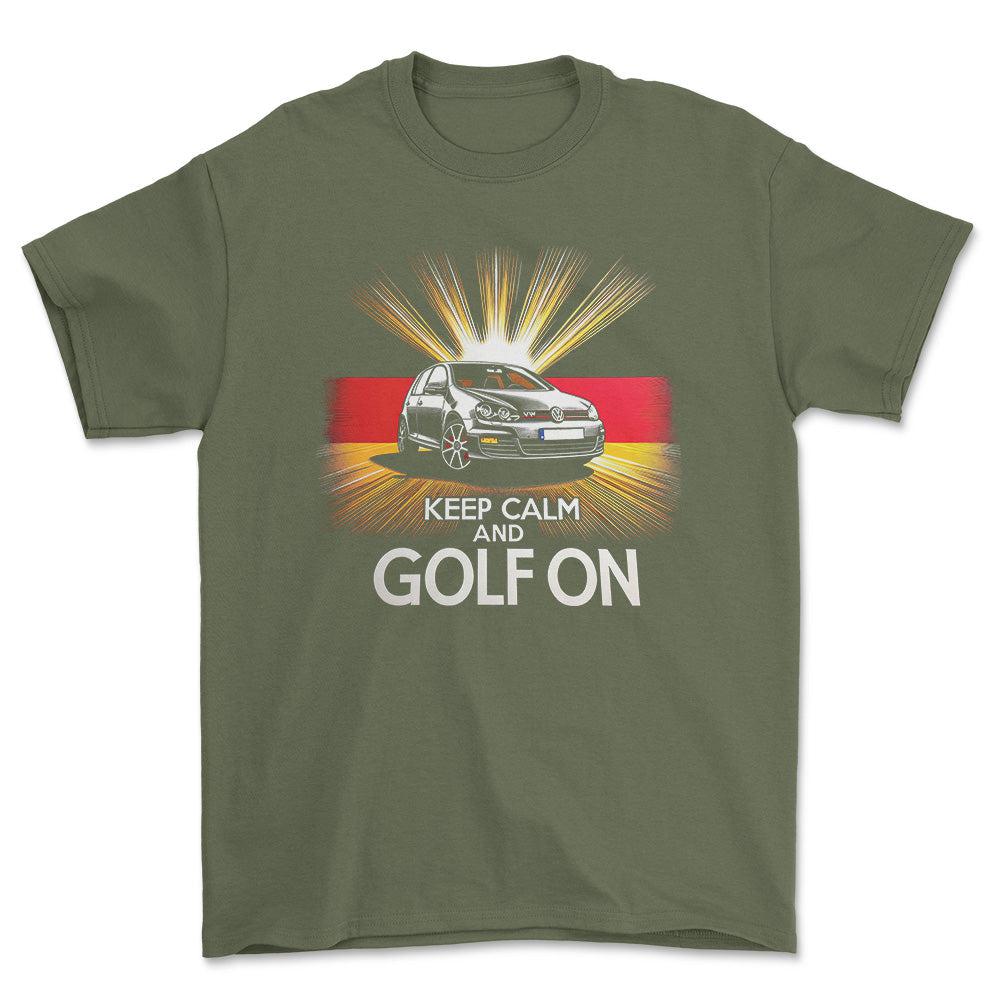 Volkswagen VW Golf - Keep Calm And Golf On - Unisex T-Shirt , Bomuld-Beklædning-VW-Grøn Militær-S-Forside-Garage Culture Shop- garage - man cave - merchandise