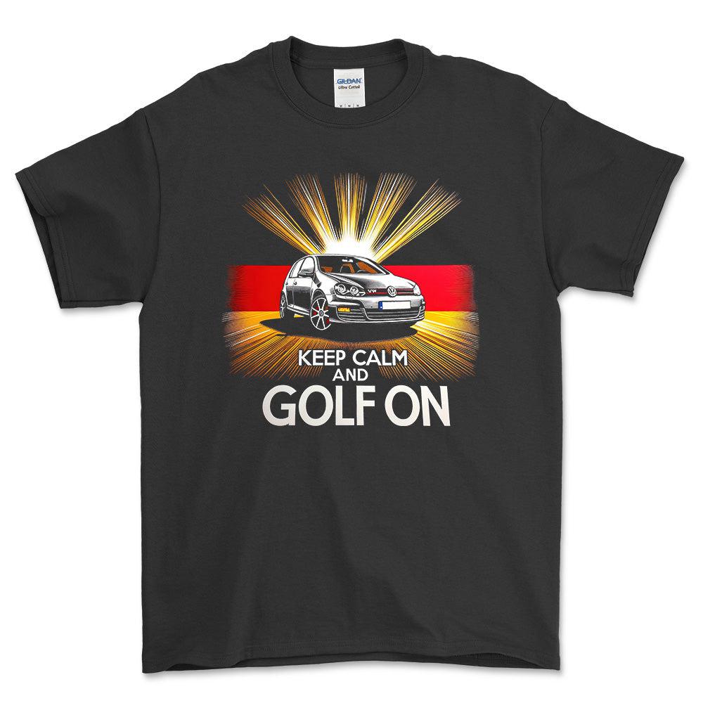 Volkswagen VW Golf - Keep Calm And Golf On - Unisex T-Shirt , Bomuld-Beklædning-VW-Sort-S-Forside-Garage Culture Shop- garage - man cave - merchandise