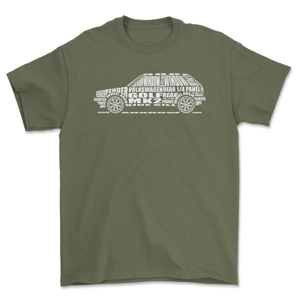 Volkswagen VW Golf Mk2 Unisex T-Shirt , Bomuld-Beklædning-VW-Grøn Militær-S-Forside-Garage Culture Shop- garage - man cave - merchandise