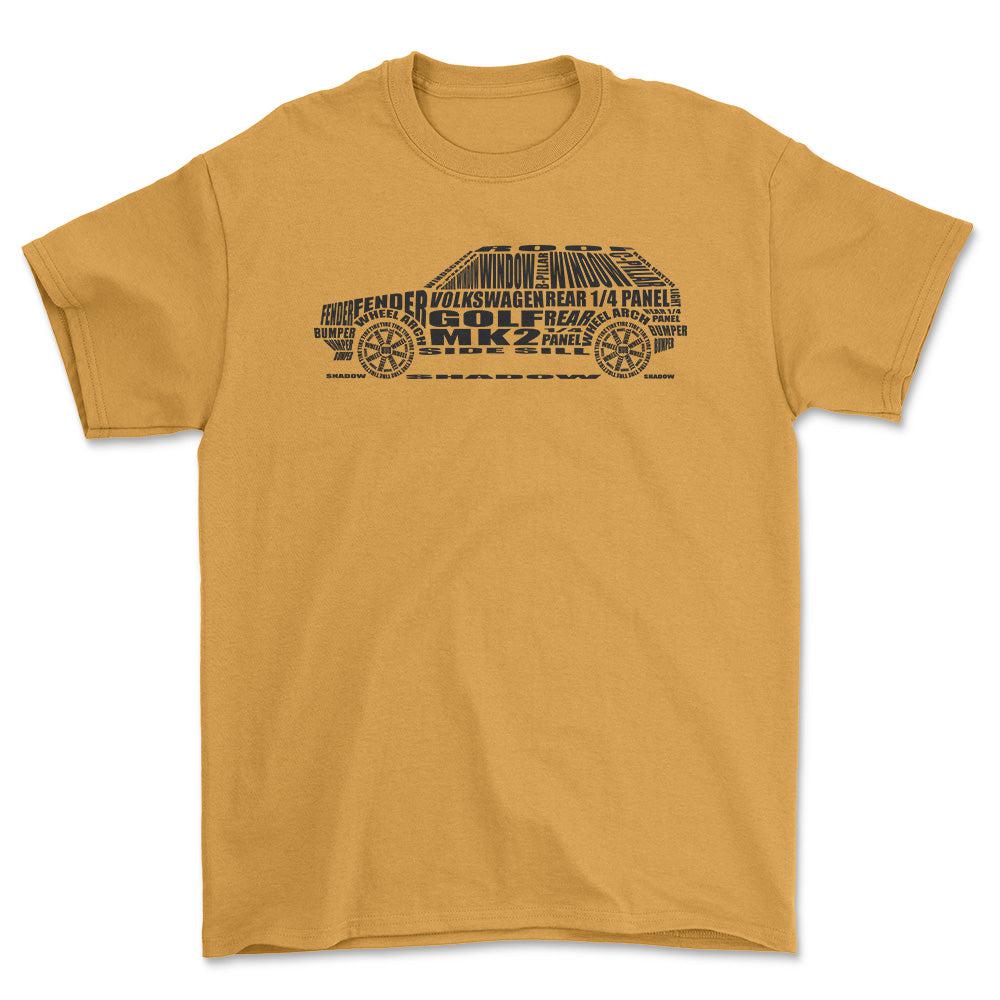 Volkswagen VW Golf Mk2 Unisex T-Shirt , Bomuld-Beklædning-VW-Guld-S-Forside-Garage Culture Shop- garage - man cave - merchandise