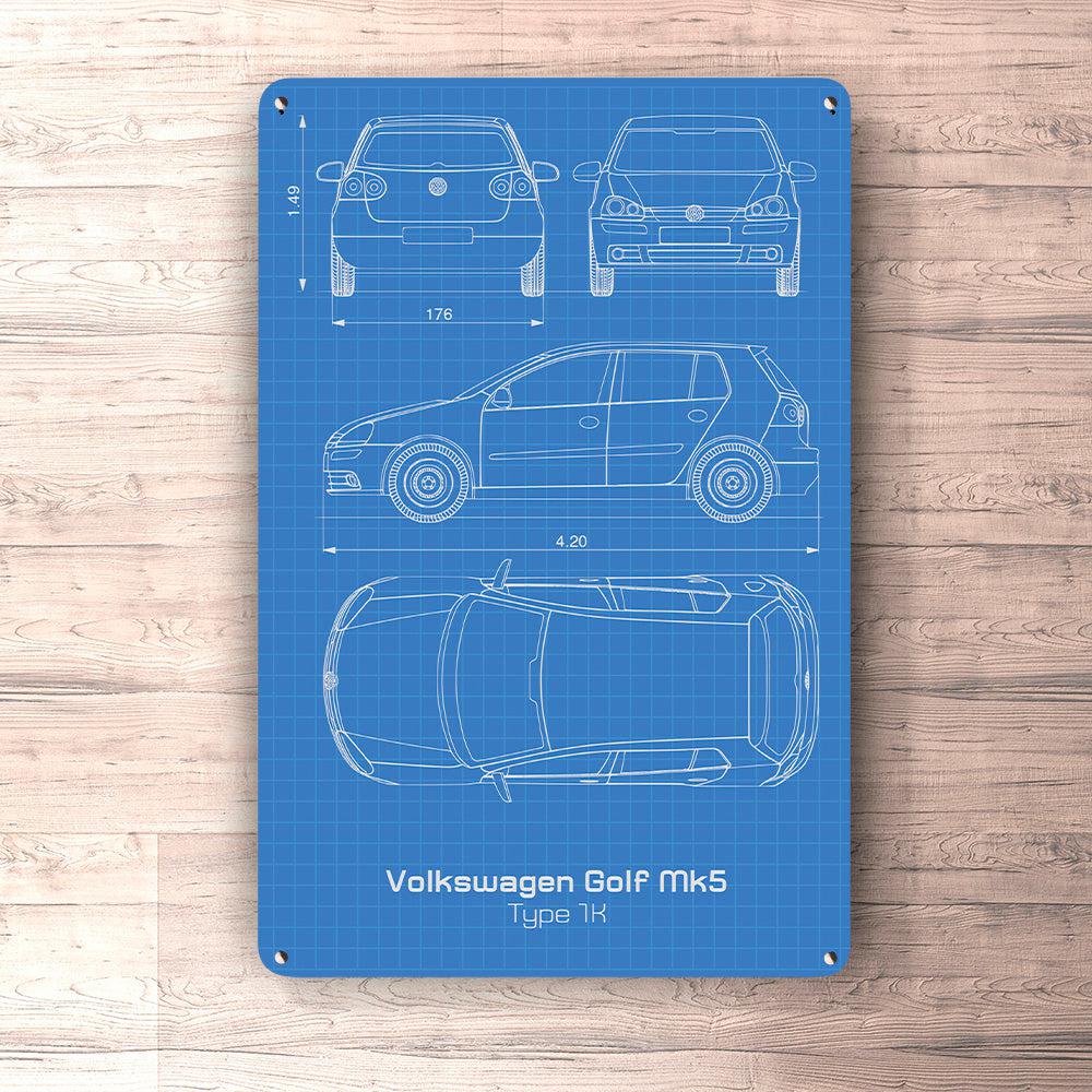 Volkswagen VW Golf Mk5 Type 1K Blueprint Skilte, Musemåtte, Dørmåtte , Plakat-Blueprint-VW-Garage Culture Shop- garage - man cave - merchandise