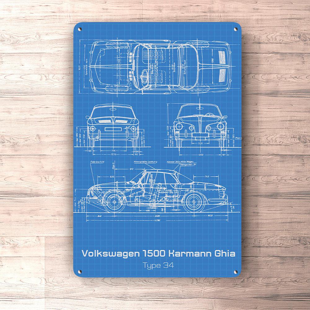 Volkswagen VW Karmann Ghia Type 34 Blueprint Skilte, Musemåtte, Dørmåtte-Blueprint-VW-Garage Culture Shop- garage - man cave - merchandise