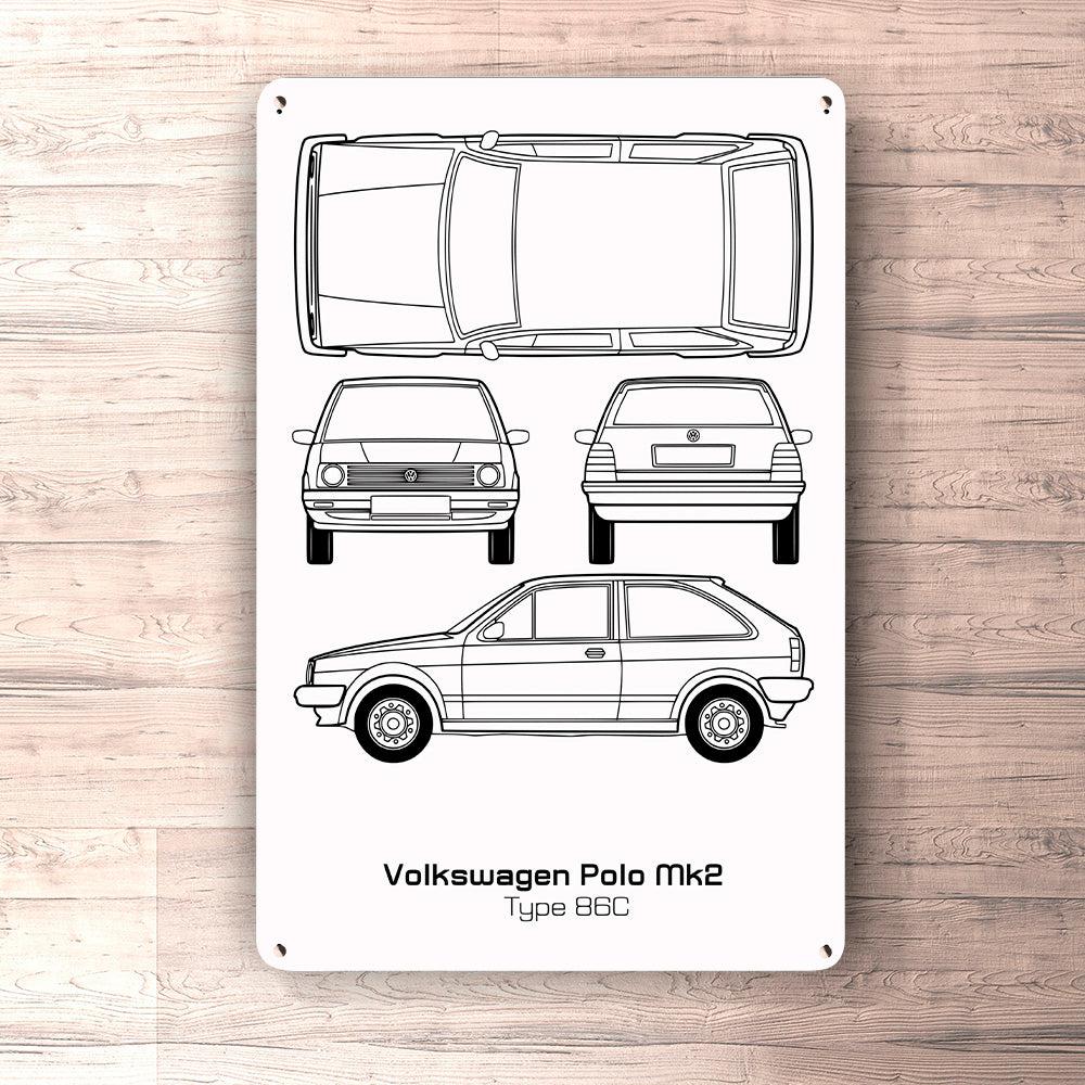 Volkswagen VW Polo Mk2 Type 86C Blueprint Skilte, Musemåtte, Dørmåtte , Plakat-Blueprint-VW-Garage Culture Shop- garage - man cave - merchandise