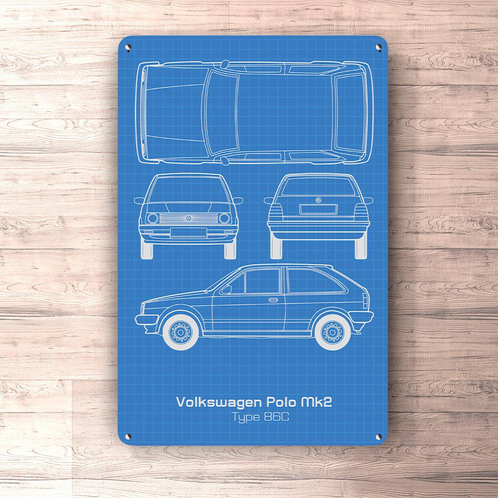 Volkswagen VW Polo Mk2 Type 86C Blueprint Skilte, Musemåtte, Dørmåtte , Plakat-Blueprint-VW-Garage Culture Shop- garage - man cave - merchandise