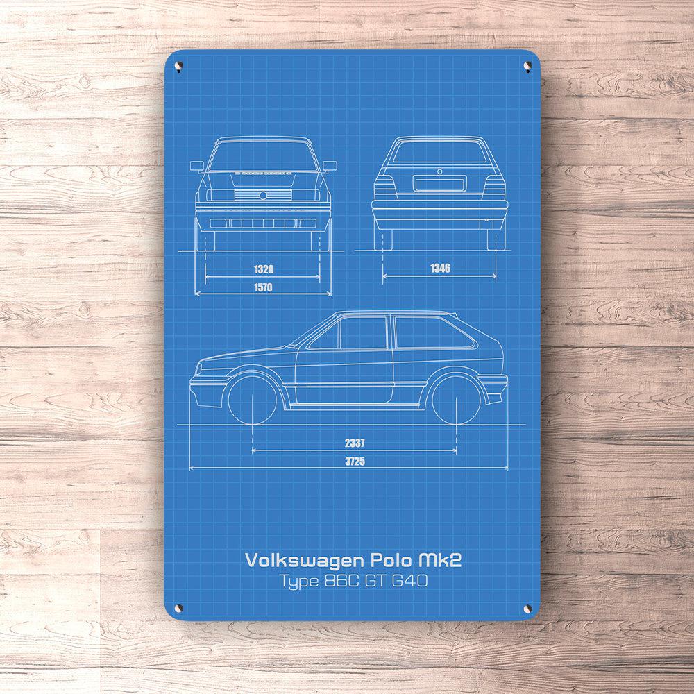 Volkswagen VW Polo Mk2 Type 86C Gt G40 Blueprint Skilte, Musemåtte, Dørmåtte-Blueprint-VW-Garage Culture Shop- garage - man cave - merchandise