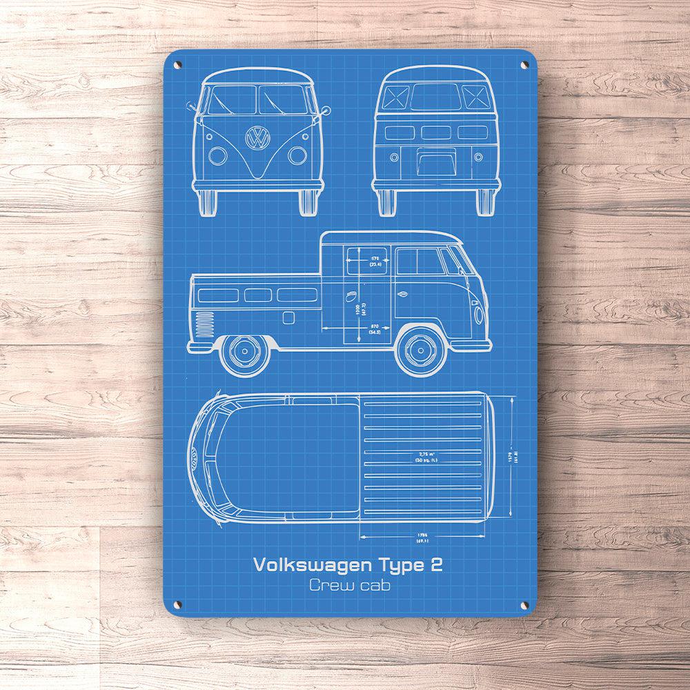Volkswagen VW Type 2 Crew Cab Blueprint Skilte, Musemåtte, Dørmåtte-Blueprint-VW-Garage Culture Shop- garage - man cave - merchandise