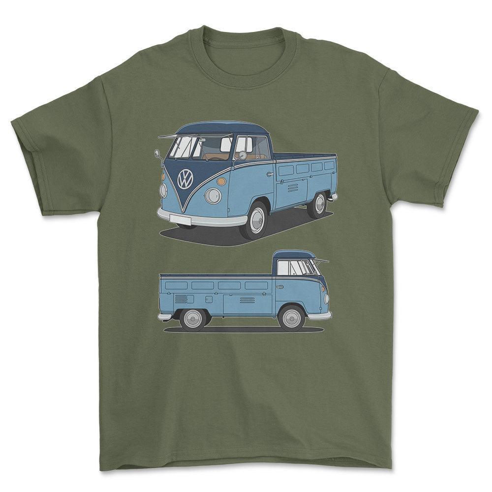 Volkswagen VW Type 2 T1 Spleetscreen Pickup - One Line Style Unisex T-Shirt-Beklædning-VW-Grøn Militær-S-Forside-Garage Culture Shop- garage - man cave - merchandise
