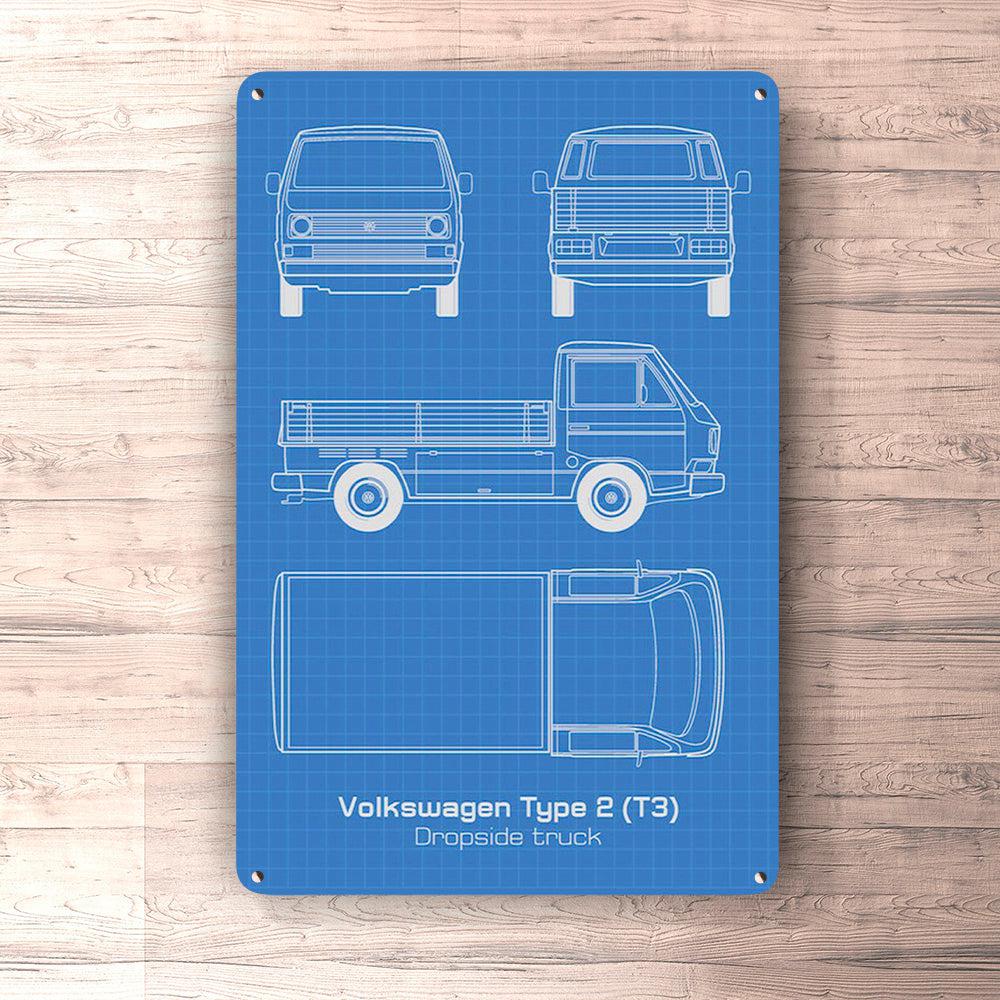 Volkswagen VW Type 2 T3 Dropside Truck Blueprint Skilte, Musemåtte, Dørmåtte-Blueprint-VW-Garage Culture Shop- garage - man cave - merchandise