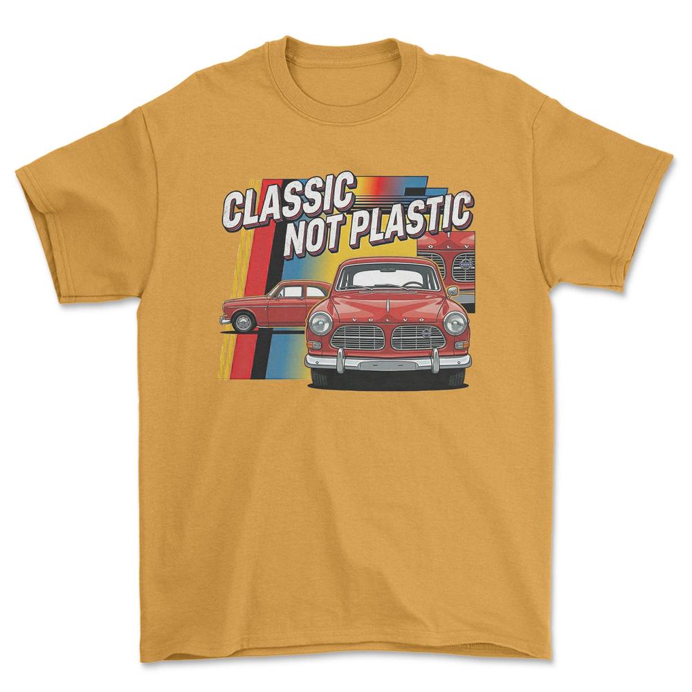 Volvo Amazon 120 Series Classic Not Plastic - Unisex T-Shirt-Beklædning-Volvo-Guld-S-Forside-Garage Culture Shop- garage - man cave - merchandise