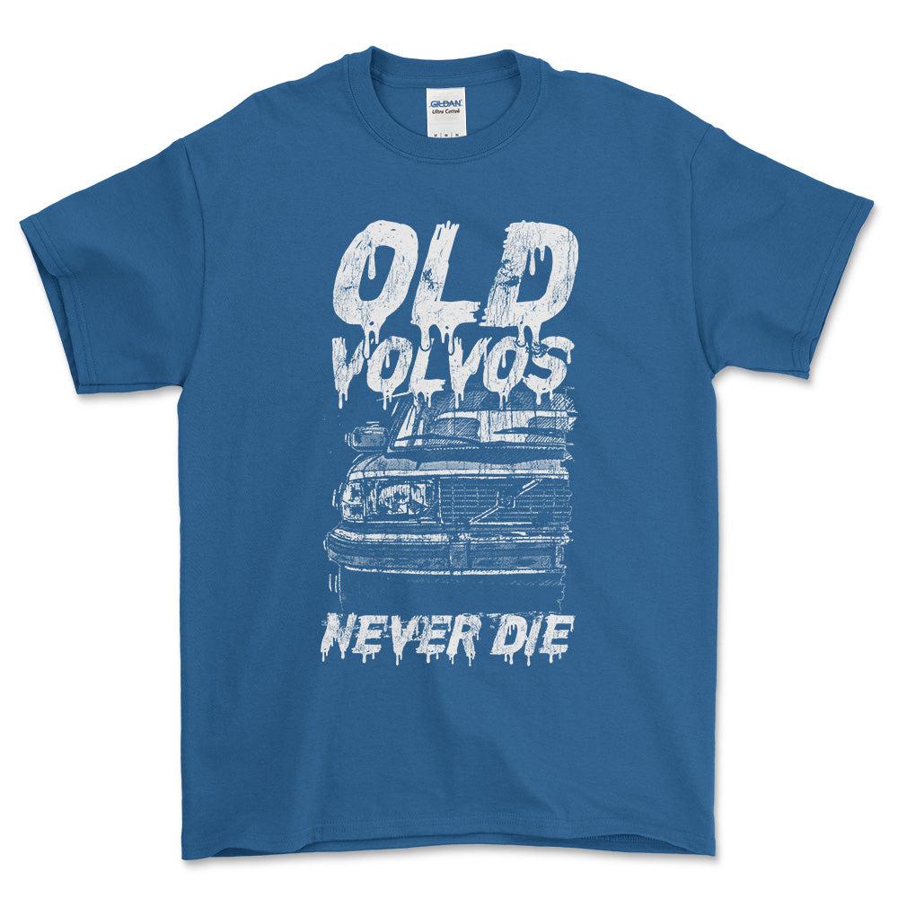 Volvo Old Volvos Never Die Volvo 240 Early 80s Model Unisex T-Shirt , Bomuld-Beklædning-Volvo-Blå Royal-S-Forside-Garage Culture Shop- garage - man cave - merchandise