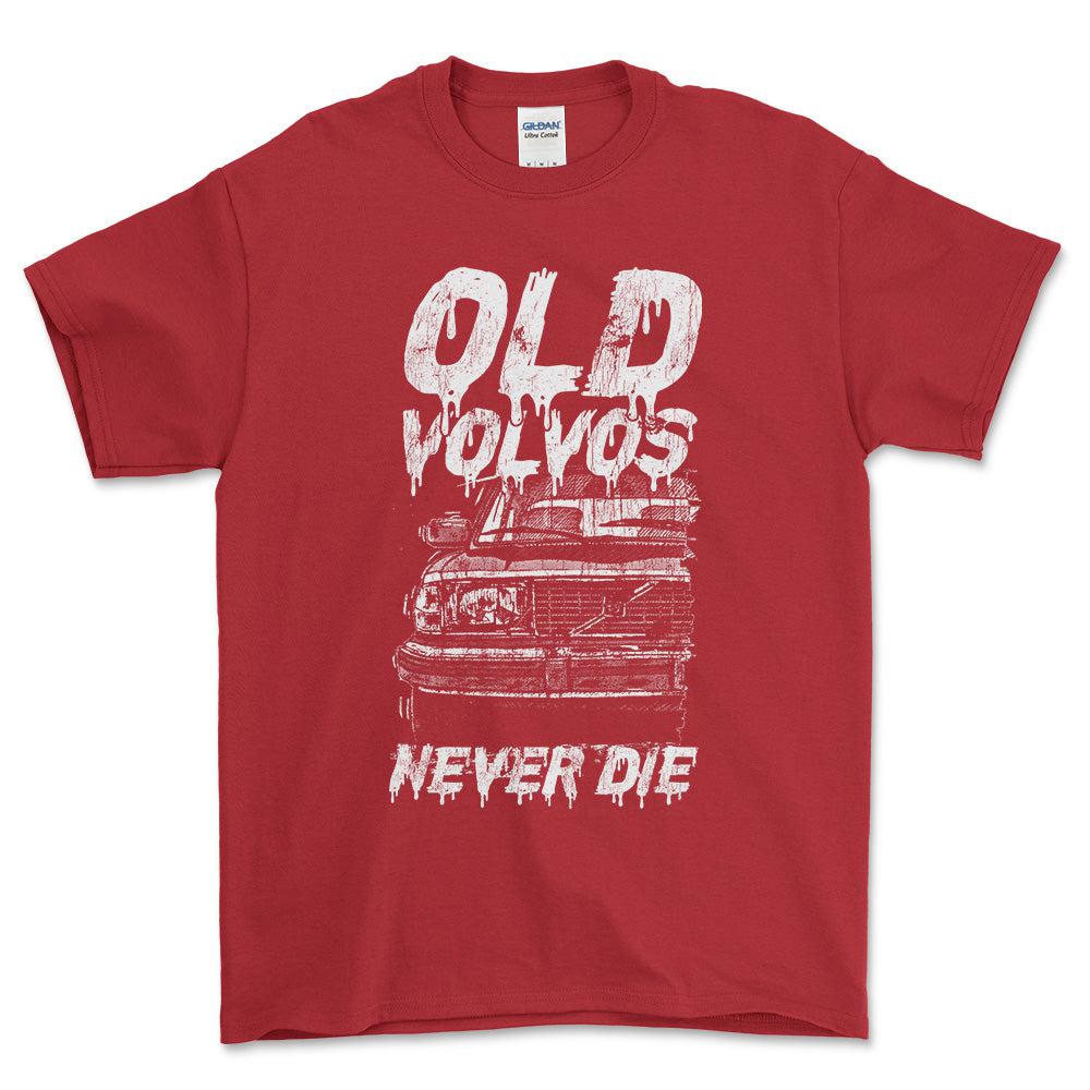 Volvo Old Volvos Never Die Volvo 240 Early 80s Model Unisex T-Shirt , Bomuld-Beklædning-Volvo-Rød-S-Forside-Garage Culture Shop- garage - man cave - merchandise