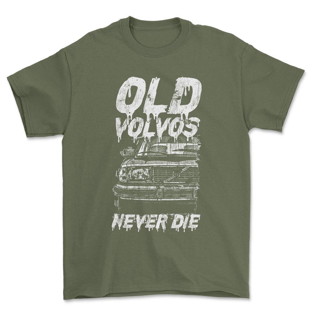 Volvo Old Volvos Never Die Volvo 240 Early 80s Model Unisex T-Shirt , Bomuld-Beklædning-Volvo-Grøn Militær-S-Forside-Garage Culture Shop- garage - man cave - merchandise