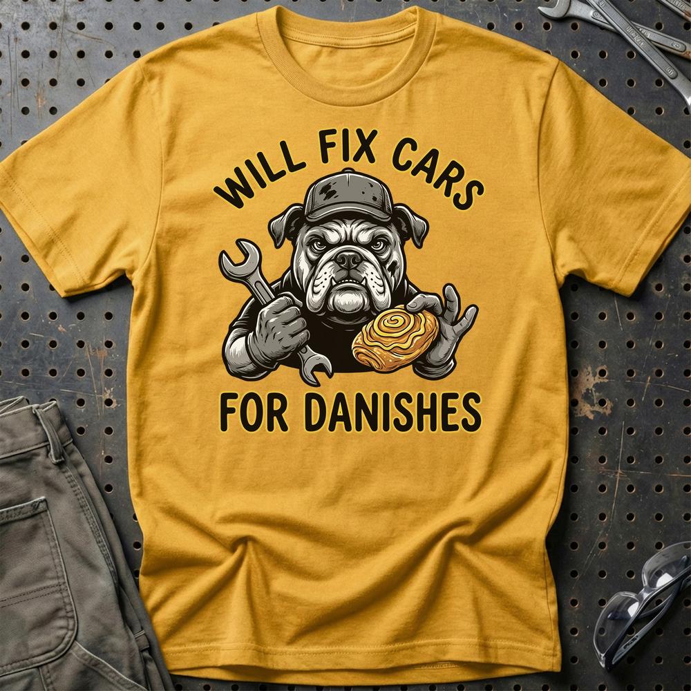 Will Fix Cars For Danishes - Unisex T-Shirt , Bomuld-Beklædning-Garage Culture-Guld-S-Garage Culture Shop- garage - man cave - merchandise