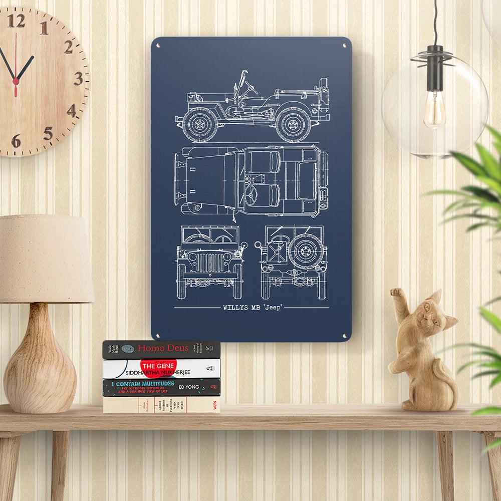 Willys Mb Jeep Blueprint Skilte, Musemåtte, Dørmåtte-Blueprint-Willys-Garage Culture Shop- garage - man cave - merchandise
