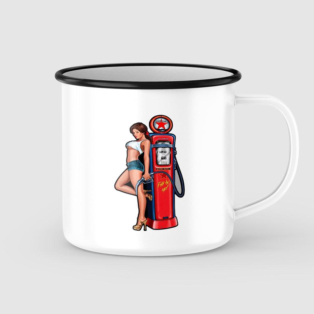Gasoline Tank Pin-Up Vintage Emaljekrus-Krus-Vintage Garage-Garage Culture Shop- garage - man cave - merchandise
