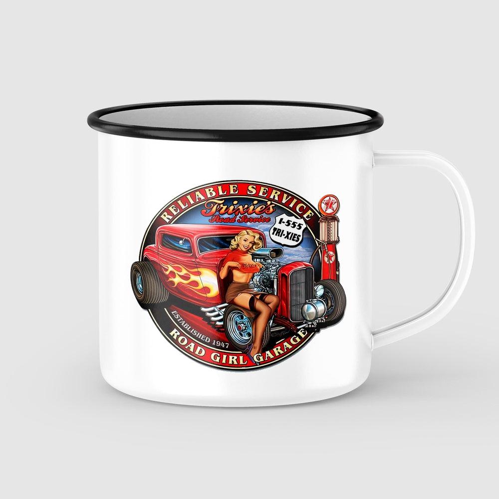 Hot Road Garage Pin-Up Vintage Emaljekrus-Krus-Vintage Garage-Garage Culture Shop- garage - man cave - merchandise