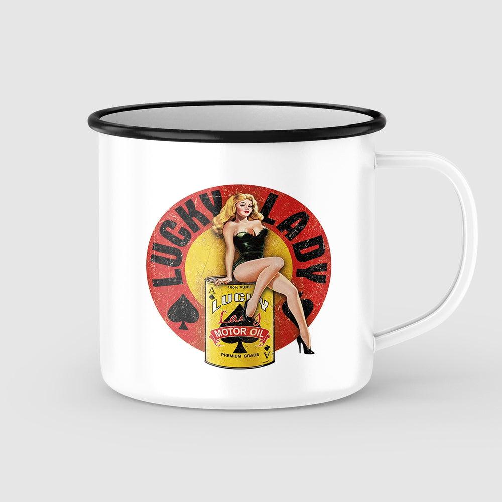Lucky Lady Motor Oil Pin-Up Vintage Emaljekrus-Krus-Vintage Garage-Garage Culture Shop- garage - man cave - merchandise