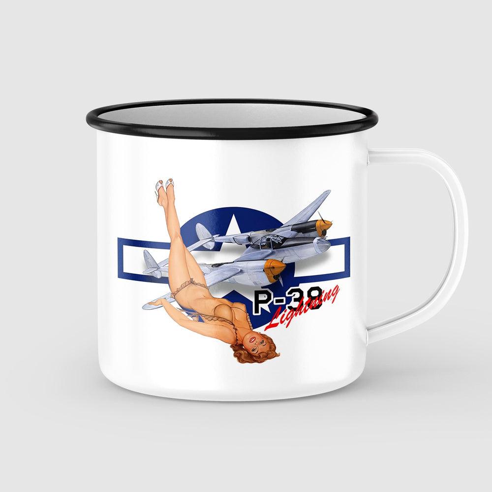 P-38 Lightning Pin-Up Vintage Emaljekrus-Krus-Vintage Garage-Garage Culture Shop- garage - man cave - merchandise
