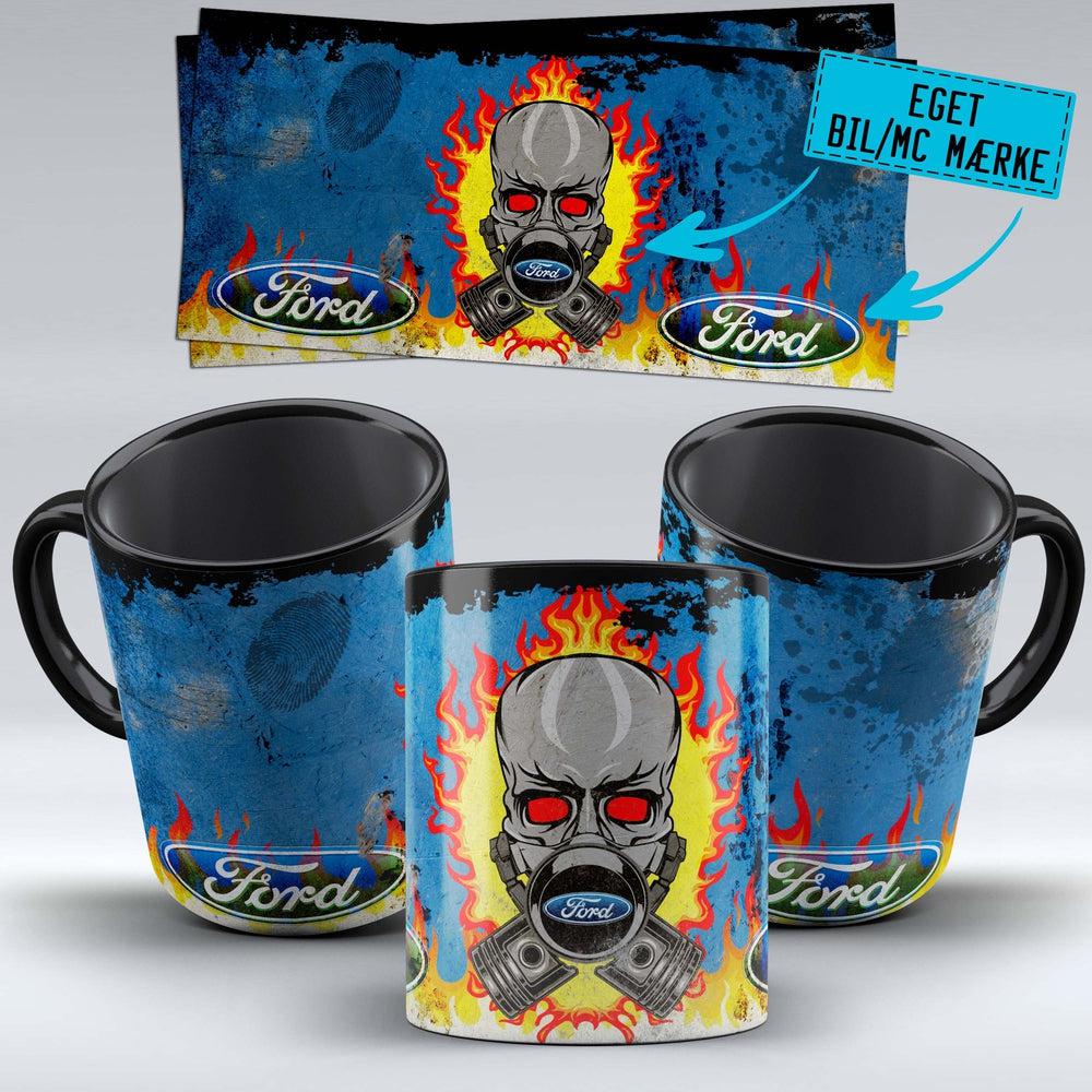 Personlig - Flamed Skull Og Dit Bil MC Mærke - "To Toner" Vintage Keramisk Krus-Krus-Personlig-Garage Culture Shop- garage - man cave - merchandise