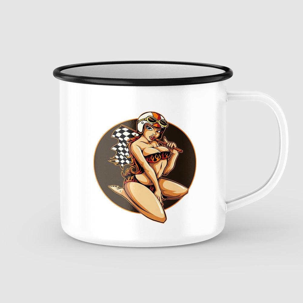 Racing Pin-Up Vintage Emaljekrus-Krus-Vintage Garage-Garage Culture Shop- garage - man cave - merchandise