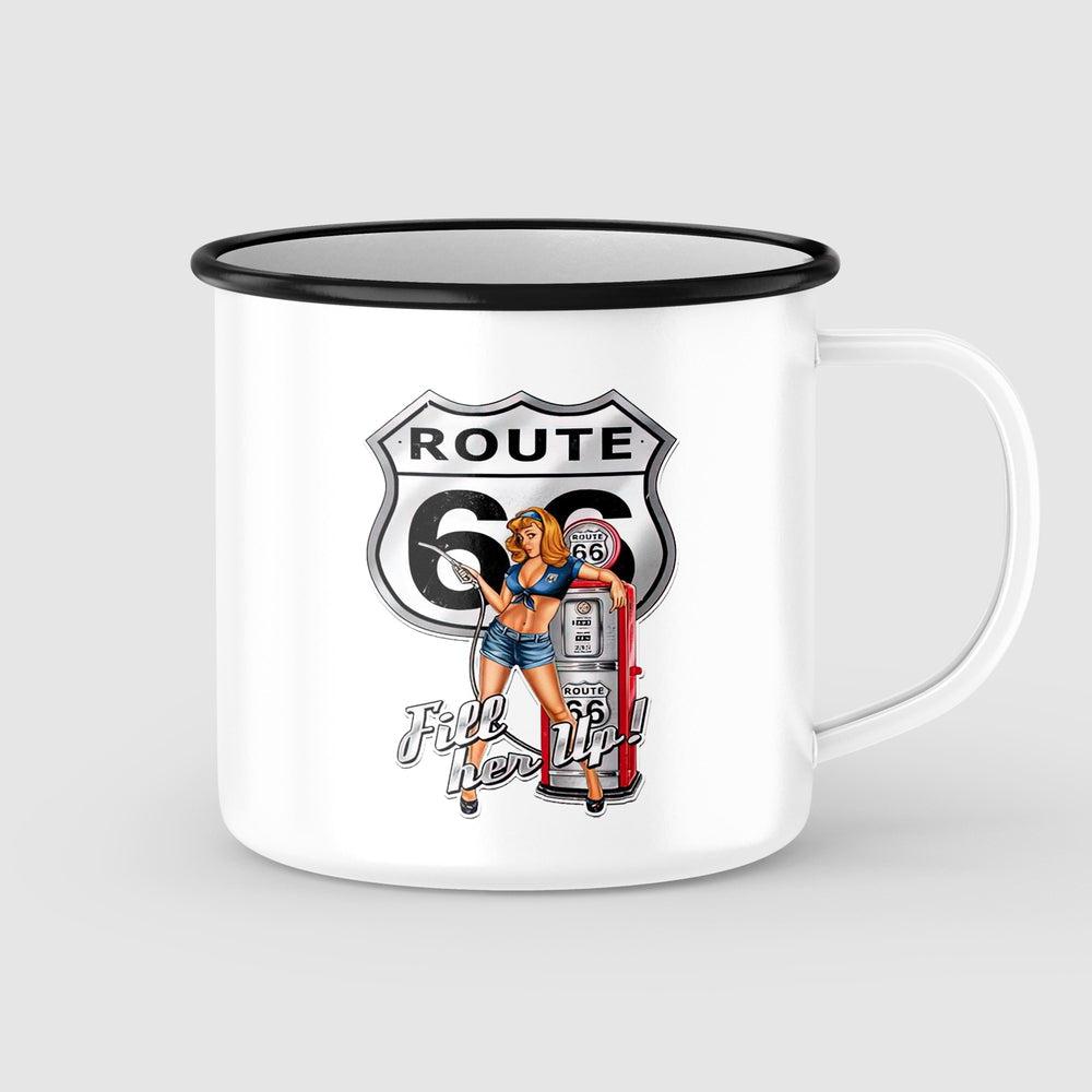 Route 66 Gasoline Station Pin-Up Vintage Emaljekrus-Krus-Vintage Garage-Garage Culture Shop- garage - man cave - merchandise
