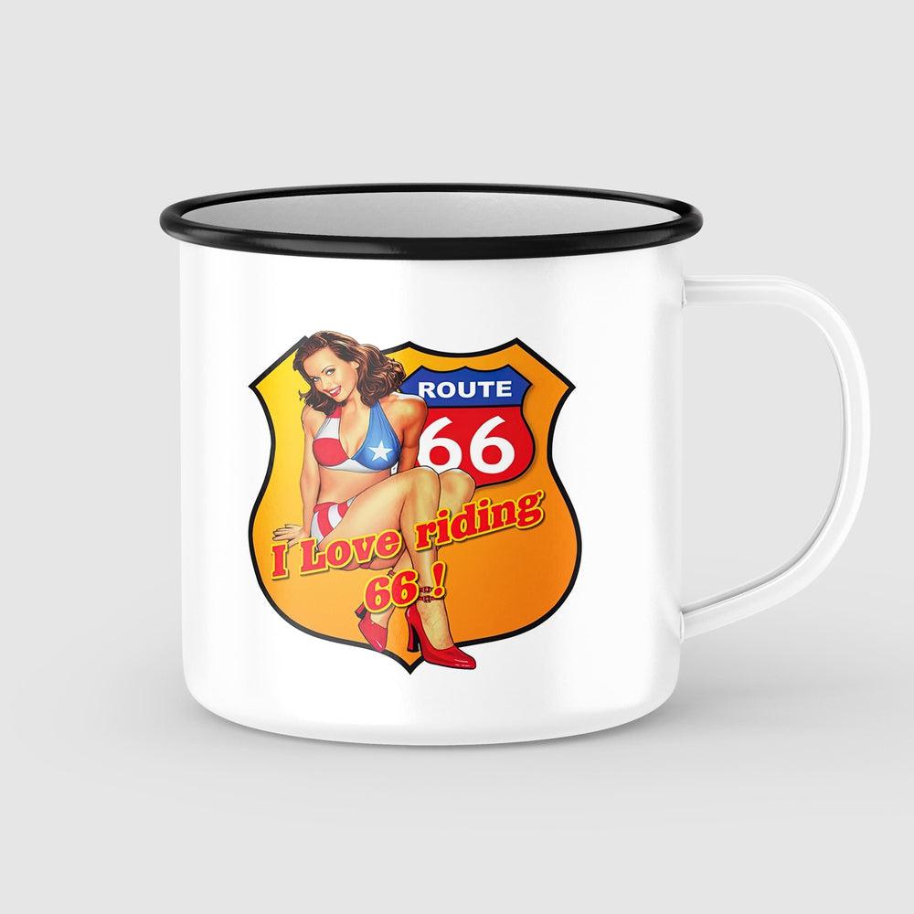 Route 66 I Love 66 Pin-Up Vintage Emaljekrus-Krus-Vintage Garage-Garage Culture Shop- garage - man cave - merchandise