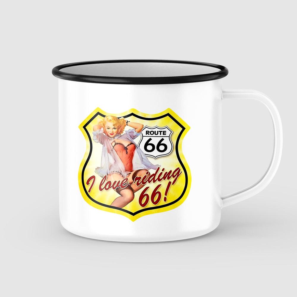 Route 66 I Love Riding Pin-Up Vintage Emaljekrus-Krus-Vintage Garage-Garage Culture Shop- garage - man cave - merchandise